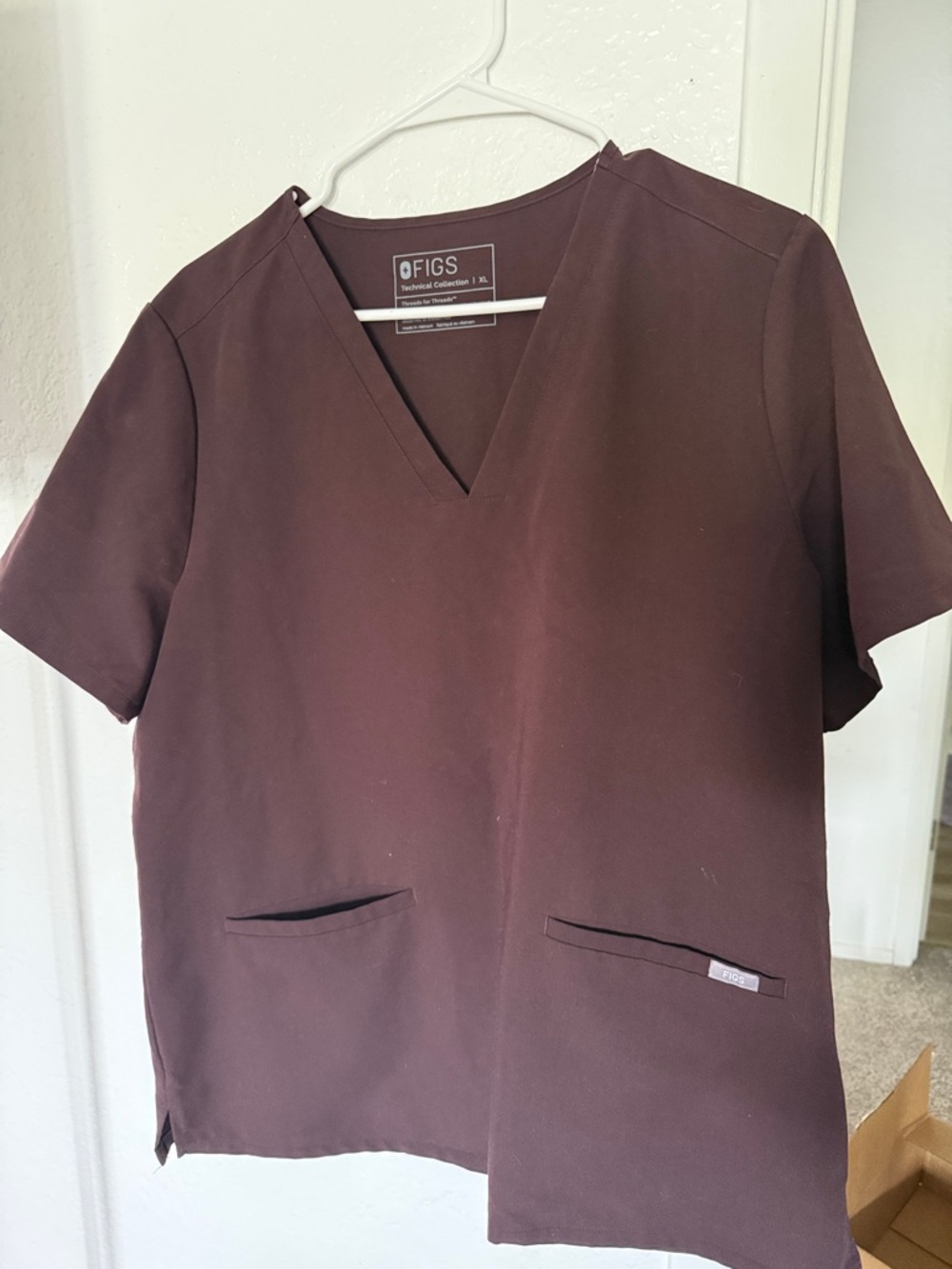 FIGS Women's V-Neck Scrub Top in Brown and matching bottom